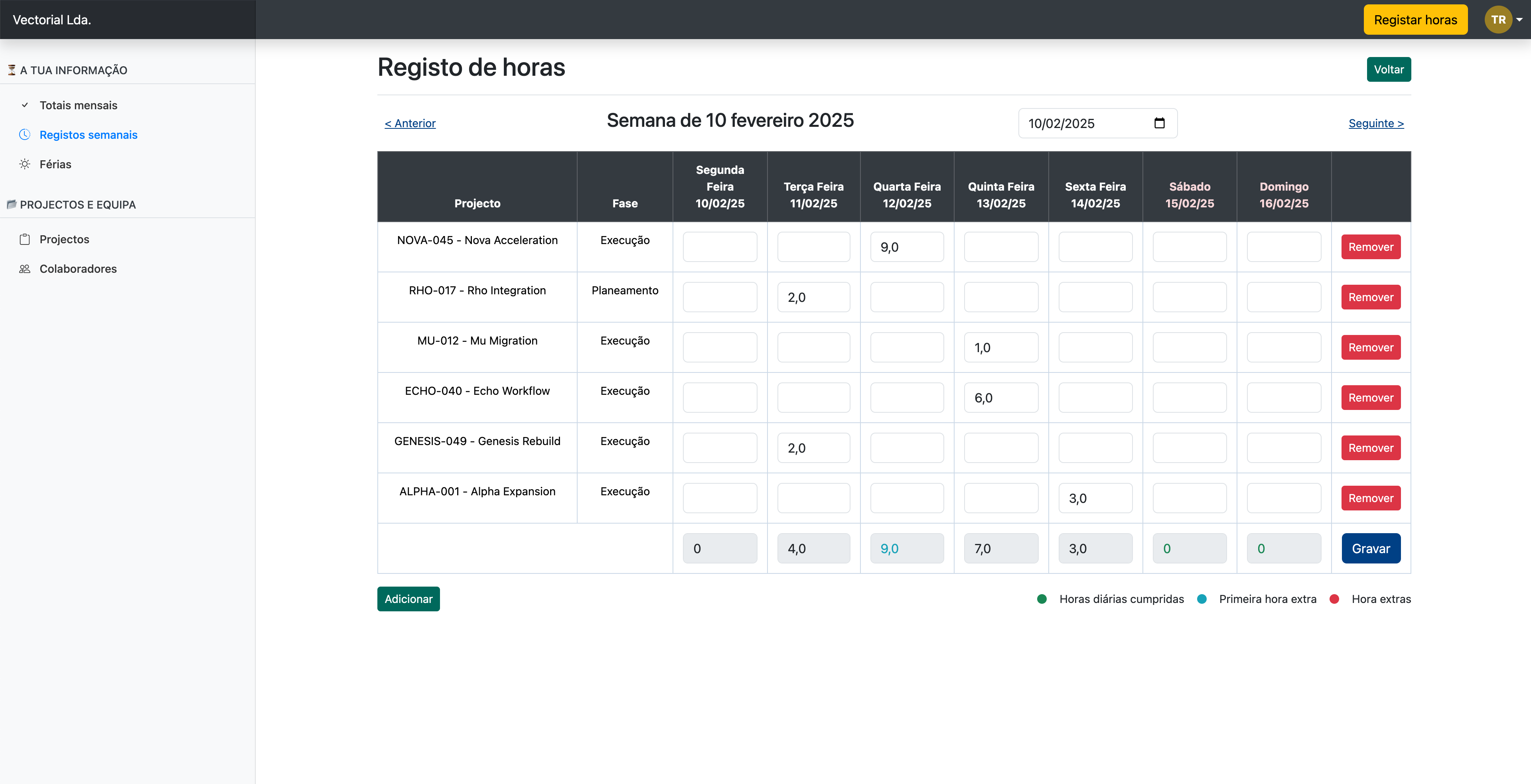 Registo de horas